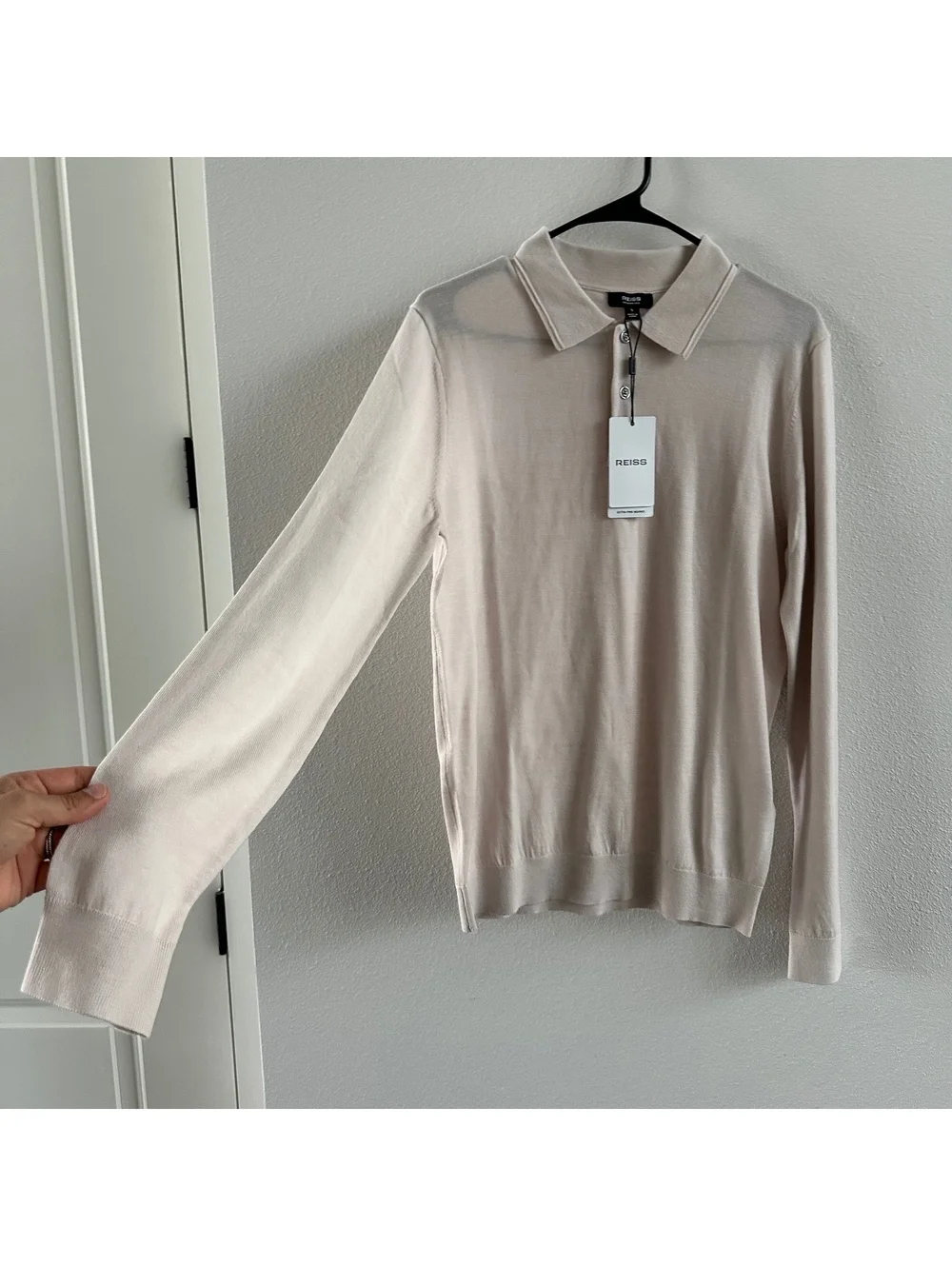 REISS Trafford Long Sleeved Half Button Merino Wool Polo In Neutral